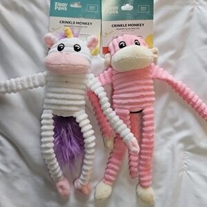 ZippyPaws Crinkle Monkey Small Dog Toys - Unicorn & Pink Monkey